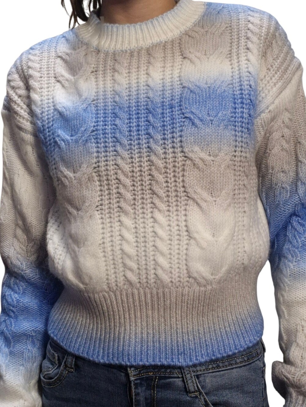 Cable Knit Ombre Crewneck Sweater - White & Blue